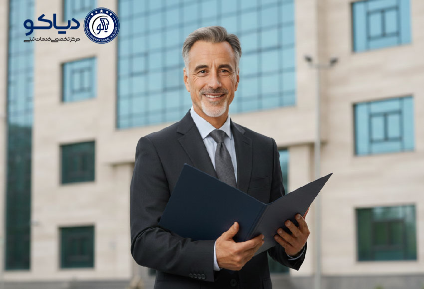چهره یک مدیر ایرانی در جلوی ساختمان اداری مدرن در کرج، در حال بررسی مدارک مربوط به آدرس ثبت شرکت، نشان‌دهنده فرآیند قانونی و رسمی ثبت شرکت."