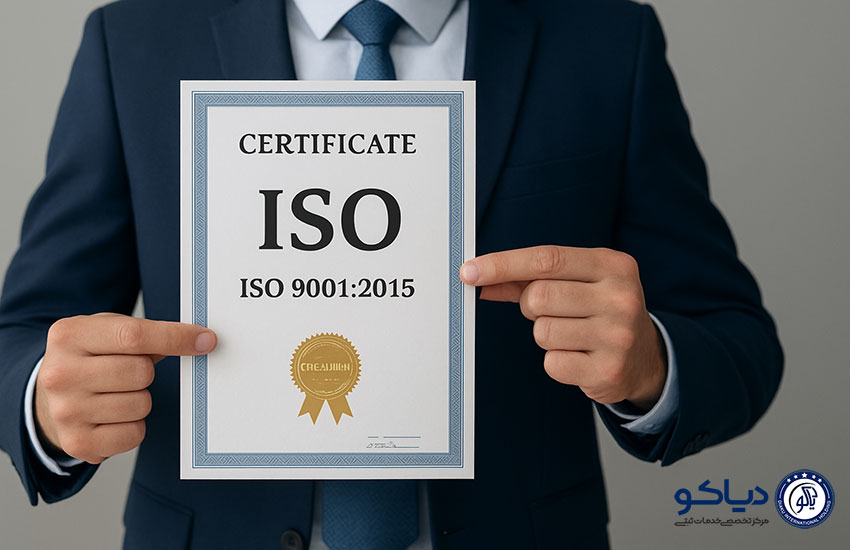 مرد بیزینسی با کت‌وشلوار در یک محیط اداری مدرن، مناسب برای معرفی خدمات اخذ و صدور گواهینامه‌های ایزو.