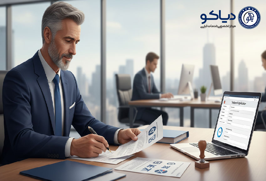 فردی در دفتر مدرن در حال بررسی مدارک و لوگوها برای ثبت برند