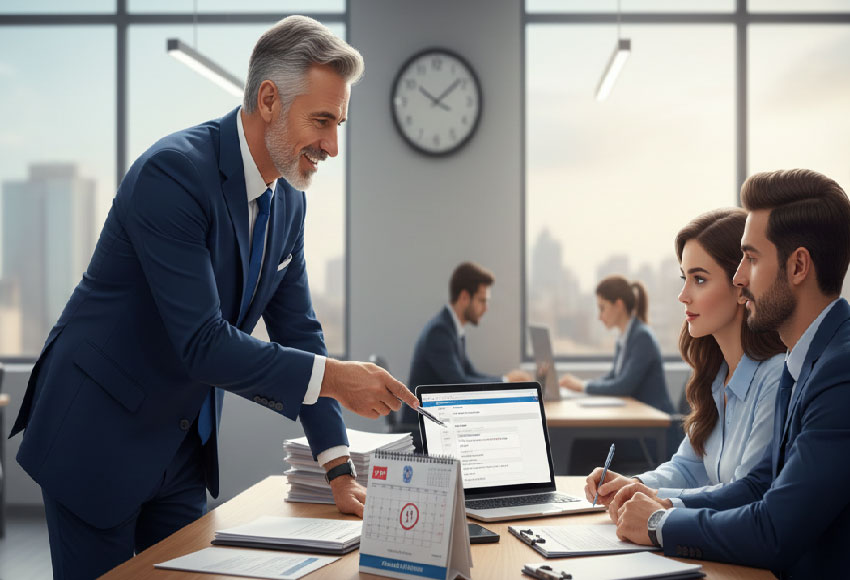 فردی در دفتر مدرن در کرج در حال بررسی مدارک و ثبت فوری شرکت برای مشتریان