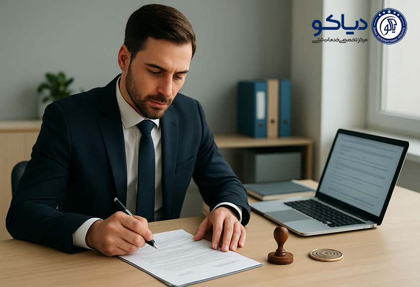 تصویر یک کارشناس حقوقی در حال بررسی و امضای مدارک رسمی ثبت شرکت در محیطی حرفه‌ای و اداری.