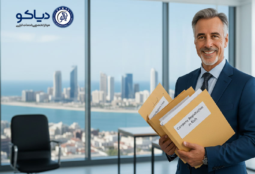 چهره یک مدیر ایرانی در دفتر مدرن با منظره جزیره کیش، در حال بررسی مدارک ثبت شرکت، نشان‌دهنده فرآیند قانونی و حرفه‌ای ثبت شرکت در کیش.