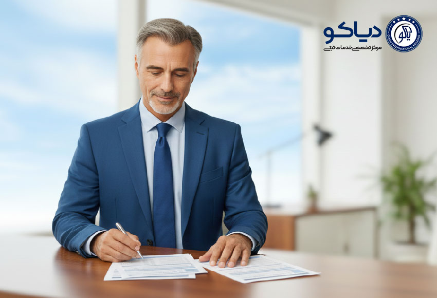 مشاور حقوقی در حال بررسی مدارک ثبت شرکت تعاونی در محیط اداری رسمی و حرفه‌ای