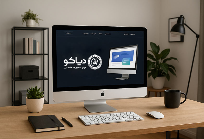 دفتر کاری شیک و مدرن با میز چوبی، لپ‌تاپ و نورپردازی حرفه‌ای