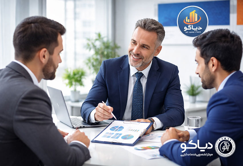 دو نفر با کت و شلوار در حال مشاوره کسب‌وکار در میز اداری، شامل اسناد و لپ‌تاپ، سبک حرفه‌ای و رسمی، لوگوی دیاکو در گوشه تصویر