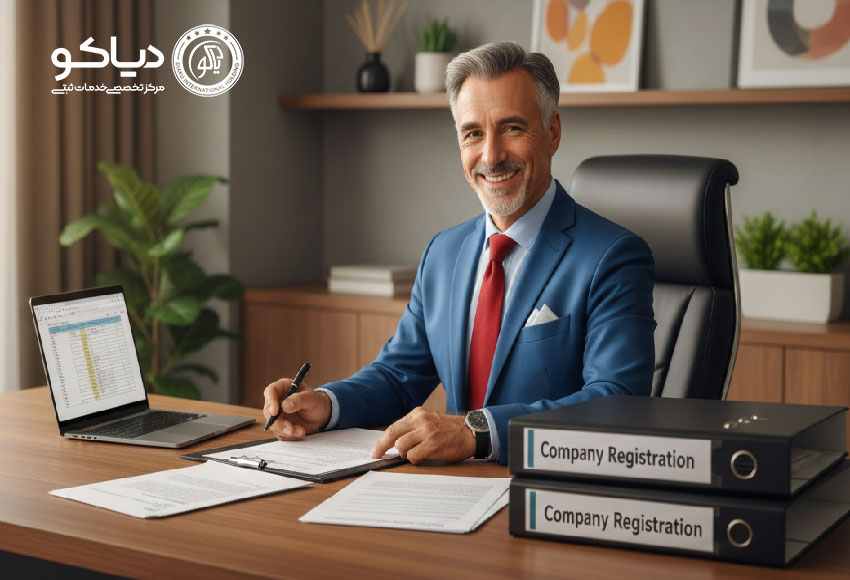 تصویر یک مشاور حرفه‌ای در کرج که مدارک ثبت شرکت را بررسی می‌کند، با محیط دفتر مدرن و حس اعتماد و تخصص.