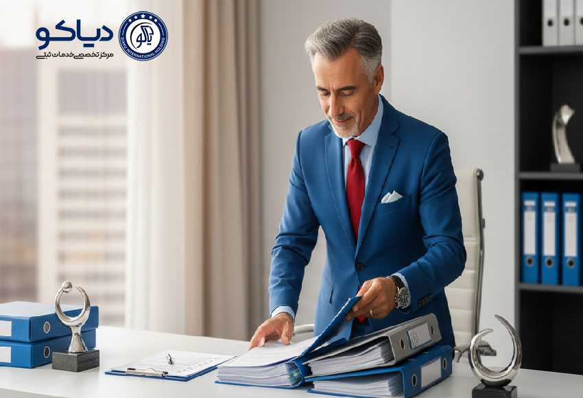 تصویر مشاور حقوقی دیاکو در محیطی حرفه‌ای، در حال بررسی مدارک ثبت شرکت برای متقاضیان کرج.