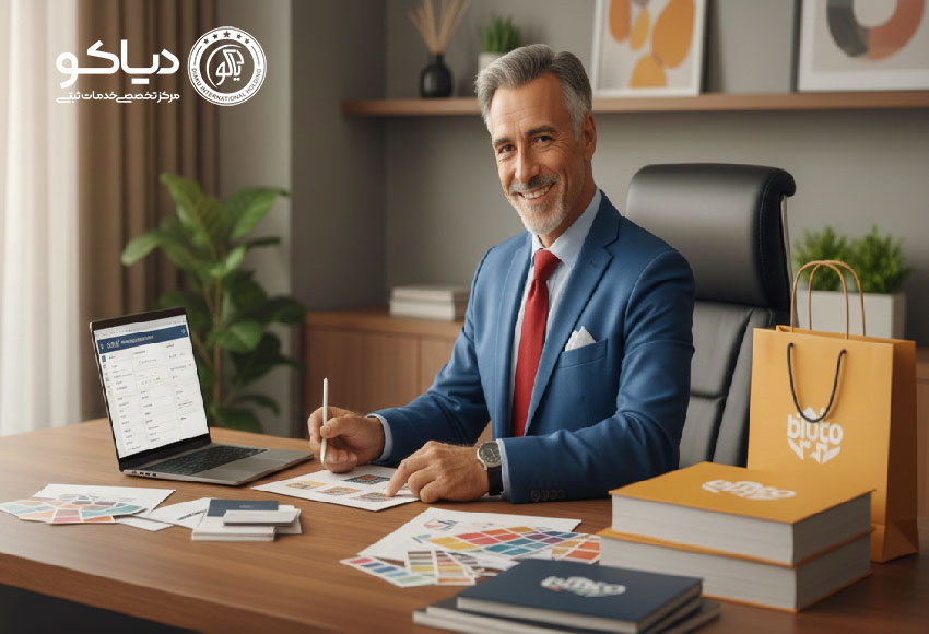 تصویر یک مشاور برندینگ که روی برند آماده کار می‌کند، با محیط دفتر مدرن و حس اعتماد و حرفه‌ای بودن.