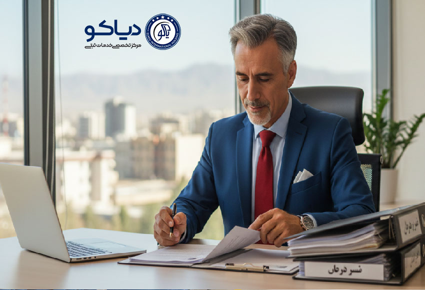 تصویری حرفه‌ای از فرایند ثبت شرکت در کرج که کارشناس ثبت شرکت دیاکو در حال بررسی و آماده‌سازی مدارک ثبتی است.