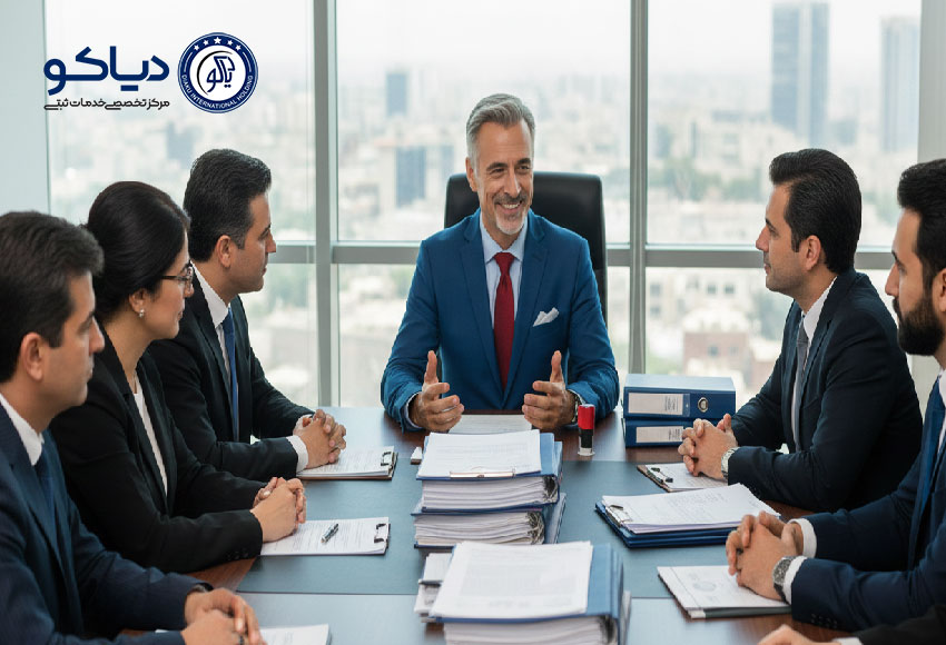 نمایی واقعی از جلسه مجمع عمومی در شرکت سهامی خاص با حضور مشاور حقوقی و سهامداران، بررسی مصوبات و صورتجلسات.