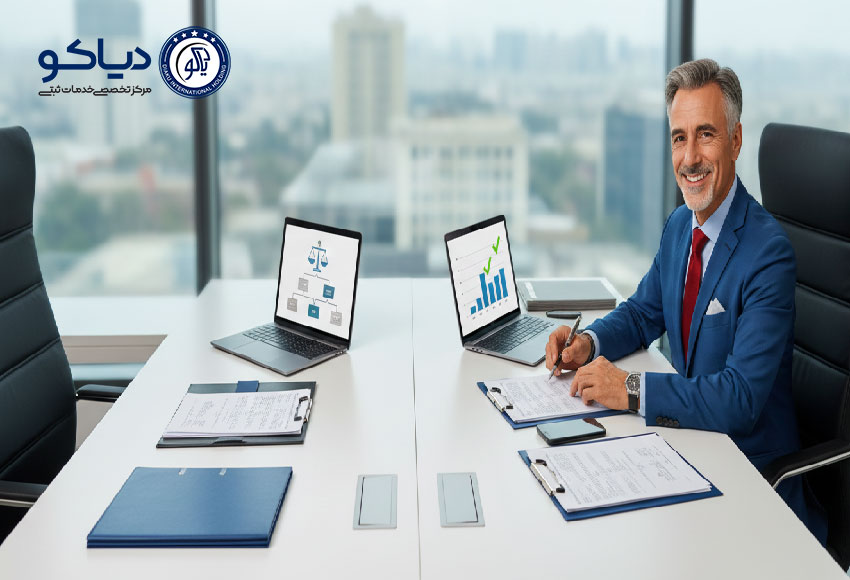 نمایی واقعی از مشاور حقوقی دیاکو که مراحل ثبت شرکت را برای متقاضی به‌صورت گام‌به‌گام توضیح می‌دهد، با مدارک رسمی و محیط اداری مدرن.