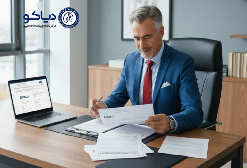 دفتر مشاوره با مشاوری در حال بررسی روزنامه رسمی شرکت و مدارک شرکتی، با لوگوی دیاکو روی میز و مدارک
