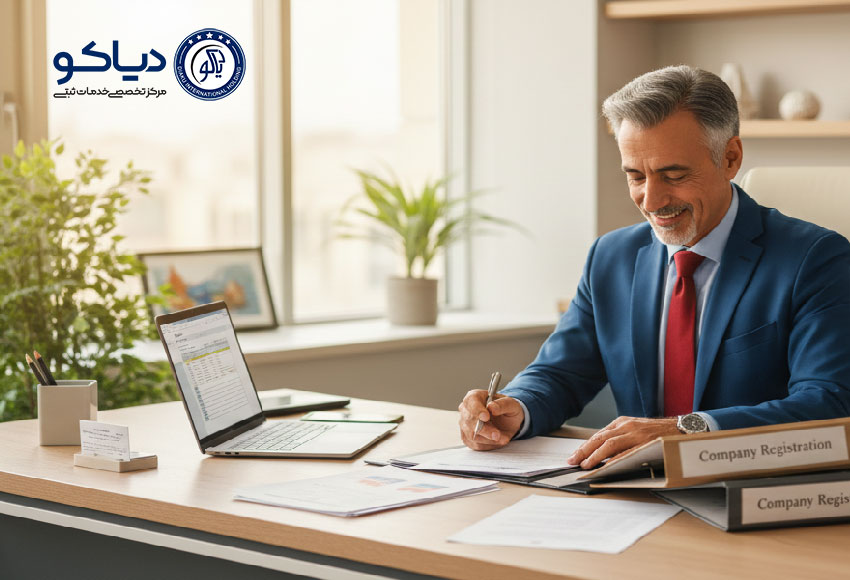 تصویر یک مشاور حرفه‌ای که مدارک ثبت شرکت فضای سبز را بررسی می‌کند، با محیط دفتر مدرن و حس اعتماد و تخصص.