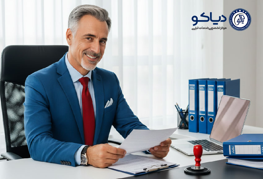 تصویر مشاور حقوقی دیاکو در حال بررسی و ثبت مهر رسمی شرکت در یک محیط اداری حرفه‌ای.