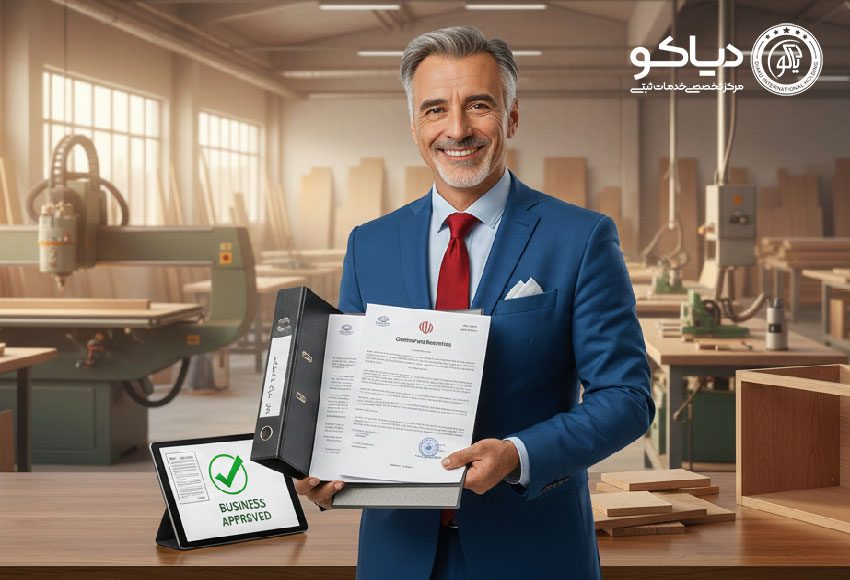 نمایی از فرآیند ثبت شرکت صنایع چوبی در کنار فعالیت‌های تولیدی و کارگاه‌های چوب و نجاری.