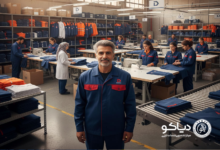 نمای واقعی از کارگاه لباس کار و لباس صنعتی، نشان‌دهنده تولید و پخش حرفه‌ای با استفاده از لباس‌های استاندارد و لوگوی دیاکو.