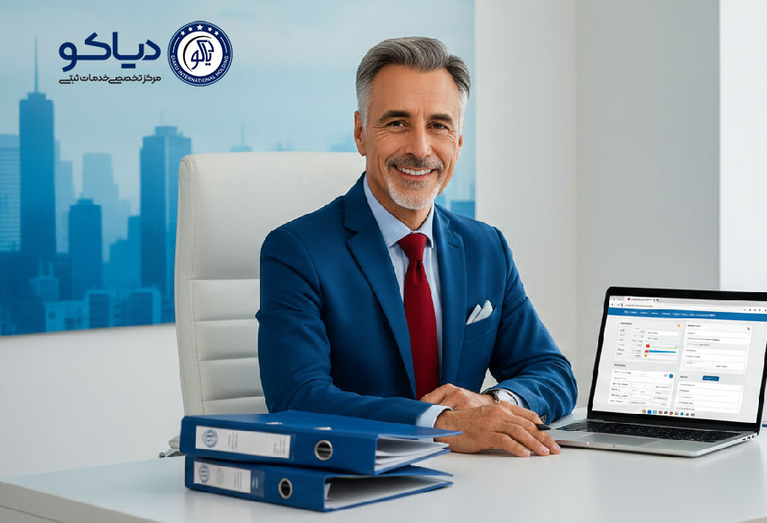 تصویر مشاور حقوقی دیاکو در حال بررسی مدارک و فرم‌های ثبت شرکت و برند در یک محیط اداری حرفه‌ای در کرج.