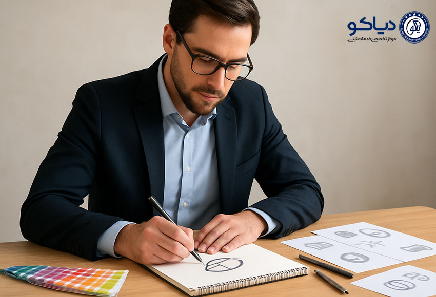 طراحی و گرافیک حرفه‌ای توسط طراح با کت‌وشلوار در حال طراحی لوگو